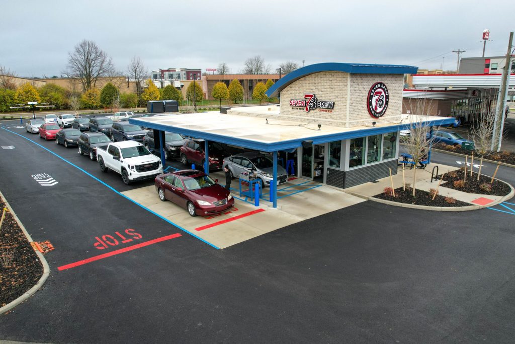 A conceptual rendering of the upcoming 510-square-foot 7 Brew drive-thru coffee stand planned for Bandera Road in Helotes, Texas.