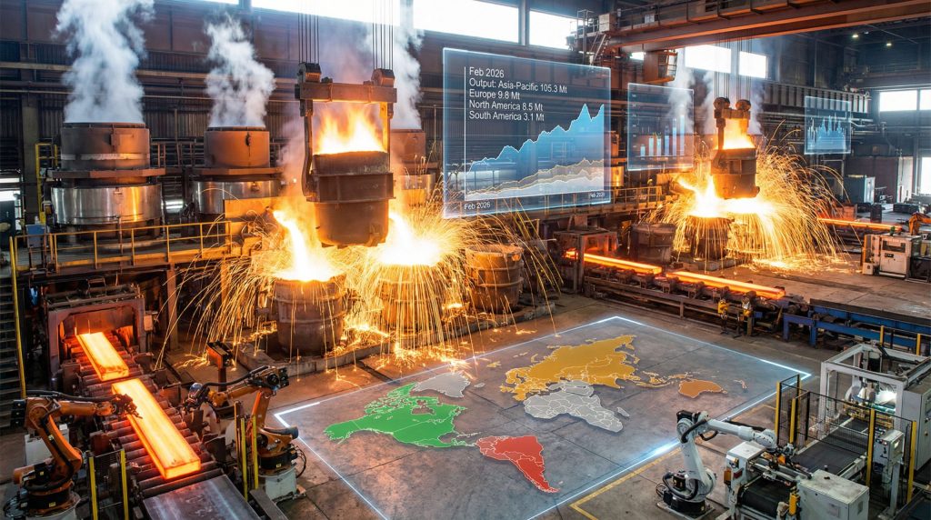 A modern American steel mill using green technology to produce high-grade industrial beams.