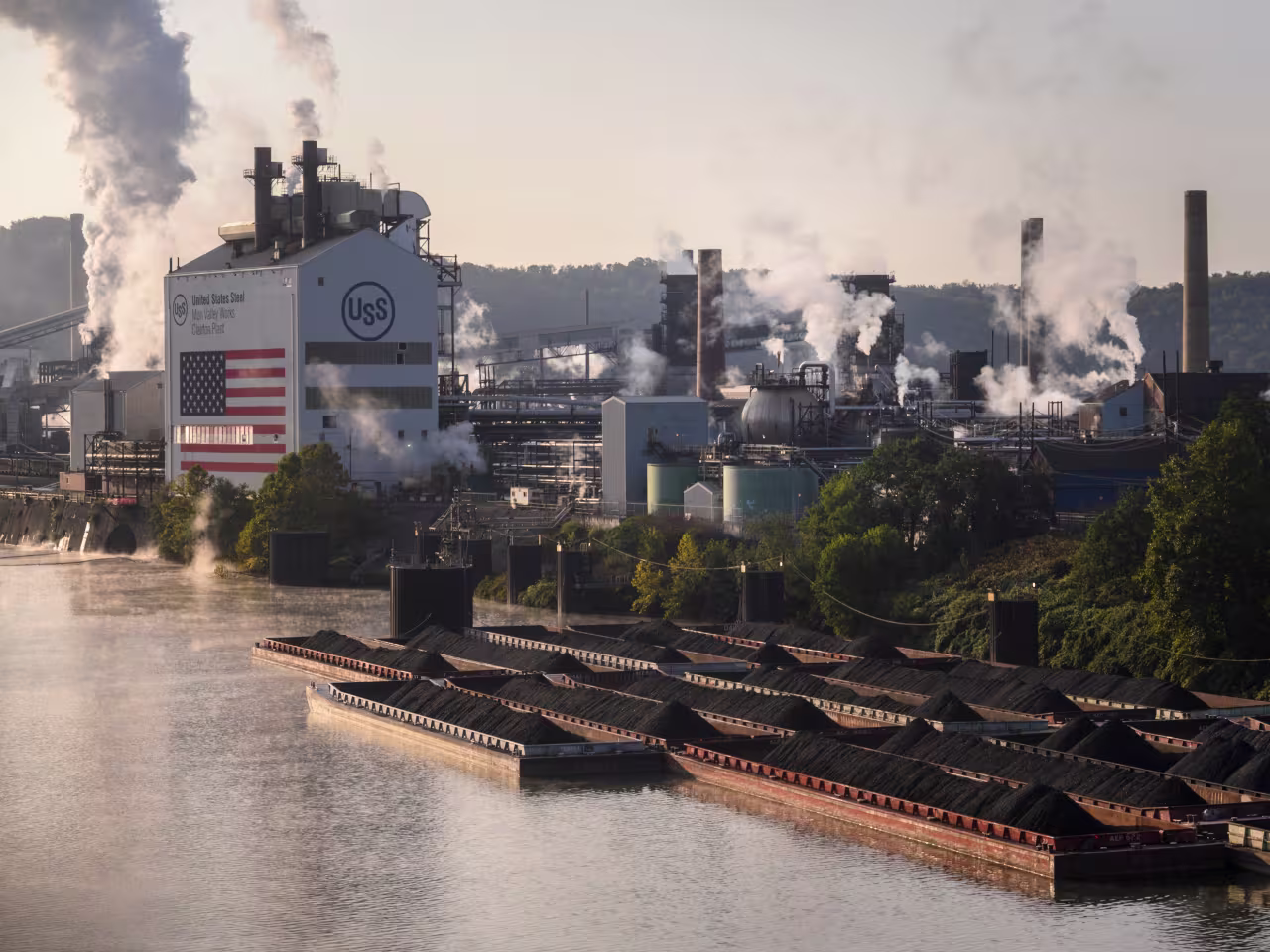 A massive construction site using American-made steel rebar for a new bridge project.