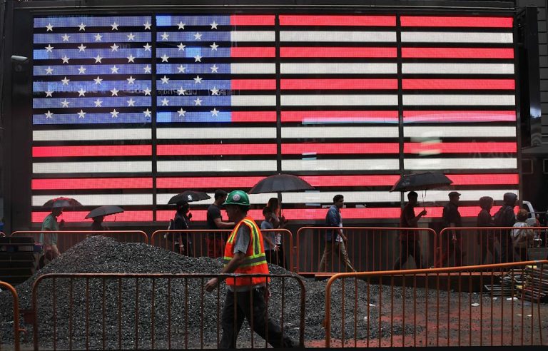 A conceptual image of a rising bar chart for jobs overshadowed by a military jet and a gas pump showing high prices.